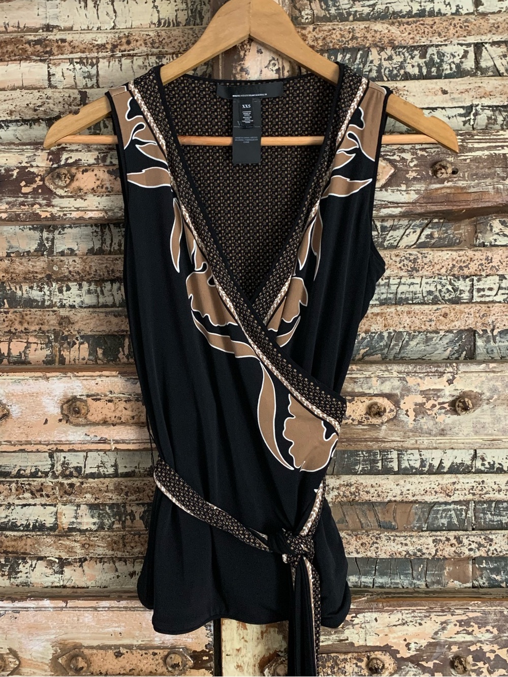 White House Black Market Black Brown Floral Faux Wrap Tie Waist Sleeveless, XXS